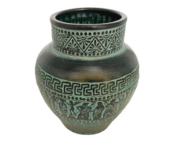 Vase en poterie grecque Pithari 17 cm, terre cuite en relief, scènes de la mythologie grecque antique