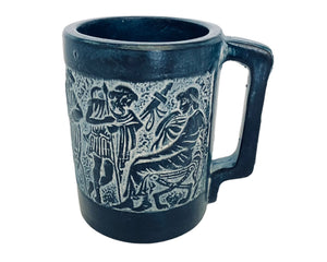 Greek Pottery Cup 11cm,Releif terracota ,Blue Patina,Shows Ancient Greek Mythology Scenses
