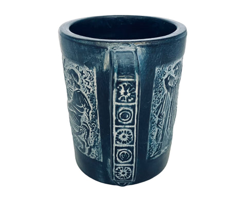 Greek Pottery Cup 11cm,Releif terracota ,Blue Patina,Shows Ancient Greek Mythology Scenses
