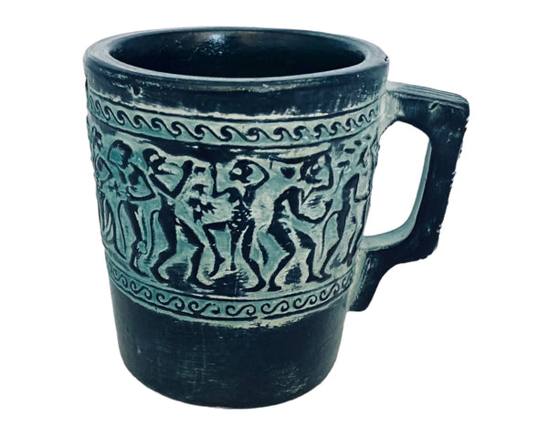 Greek Pottery Cup 9cm,Releif terracota ,Green Patina,Shows Satyr and Manaeds
