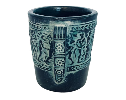 Greek Pottery Cup 9cm,Releif terracota ,Green Patina,Shows Satyr and Manaeds