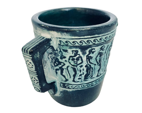 Greek Pottery Cup 9cm,Releif terracota ,Green Patina,Shows Satyr and Manaeds