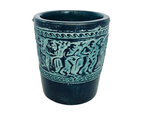 Greek Pottery Cup 9cm,Releif terracota ,Green Patina,Shows Satyr and Manaeds
