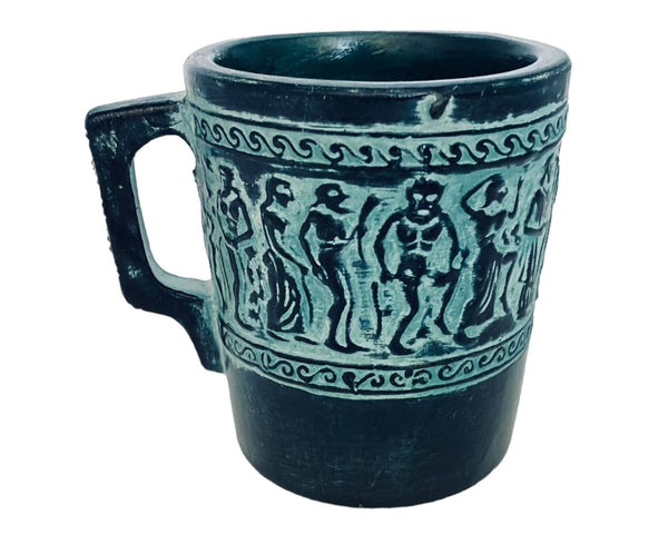 Greek Pottery Cup 9cm,Releif terracota ,Green Patina,Shows Satyr and Manaeds