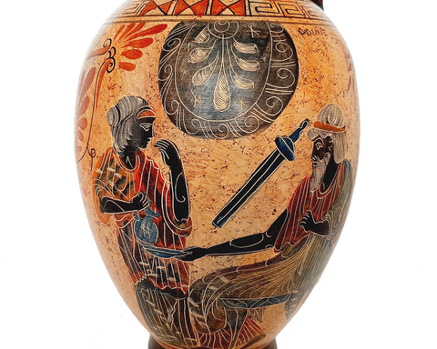 Handmade Greek Vase 36 cm – Satyr with Menas – Ancient Pottery Jar Replica