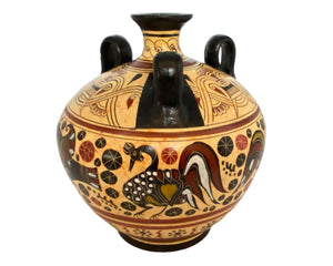 Vase en poterie grecque, amphore à 3 poignées assise 19 cm, art corinthien antique