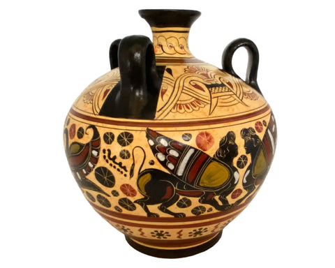 Vase en poterie grecque, amphore à 3 poignées assise 19 cm, art corinthien antique