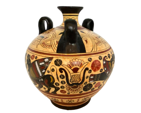 Greek Pottery Vase,3 handle Amphora seated 19cm,Ancient Corinthian art