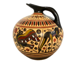 Vase en poterie grecque, cruche Oinochoe assise 18 cm, art corinthien antique