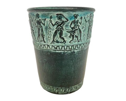 Greek Pottery glass 11cm,Releif terracotta ,Shows Ancient Greek Olympian Gods