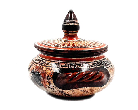 Greek Pyxis 16cm Diameter,Greek Pottery showing God Poseidon and Goddess Athena
