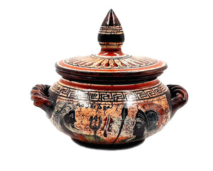 Greek Pyxis 16cm Diameter,Greek Pottery showing God Poseidon and Goddess Athena