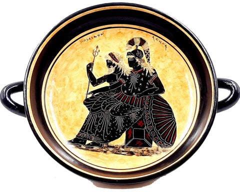Greek Kylix 26cm,Black figure Pottery,Showing God Poseidon and Goddess Athena