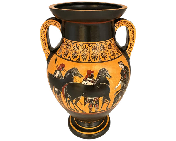 Enhance your decor with an Ancient Greek Museum Replicas.The Attic black-figure amphora attributed to the Psiax Painter, depicting Hercules strangling the Nemean Lion, is a significant piece of ancient Greek pottery that showcases both artistic skill and mythological narrative.

SIDE A: Hercules and the Nemean Lion: This scene depicts Hercules (Heracles) in a moment from his first labor, where he is tasked with slaying the invulnerable Nemean Lion. The lion's skin was so tough that weapons could not pierce 