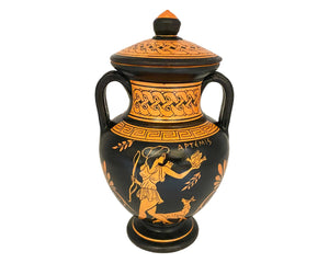 Red figure Pottery Aphora 19cm with lid ,Hecate and Goddess Artemis