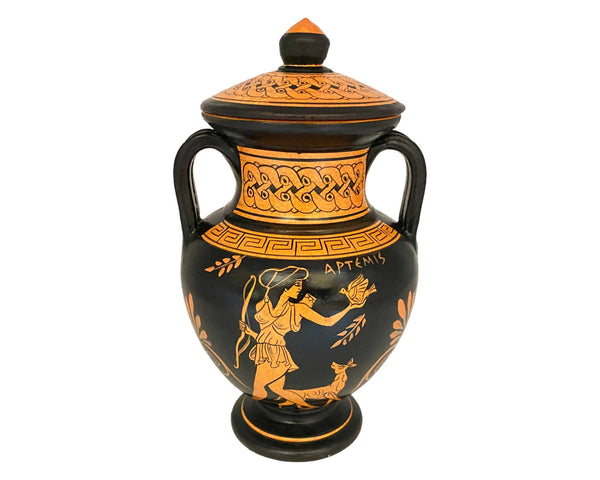 Red figure Pottery Aphora 19cm with lid ,Hecate and Goddess Artemis