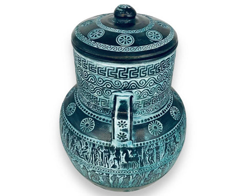 Relief terracotta Amphora Vase 28cm with lid,Ancient Greek Mythology Scenes,Green Patina