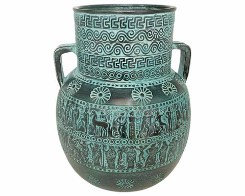 Relief terracotta Amphora Vase 28cm ,Ancient Greek Mythology Scenes,Green Patina - ifigeneiaceramics