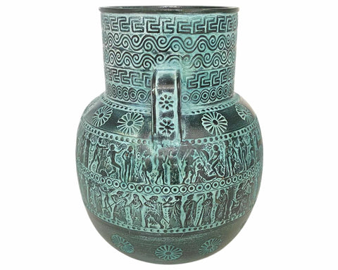 Relief terracotta Amphora Vase 28cm ,Ancient Greek Mythology Scenes,Green Patina - ifigeneiaceramics
