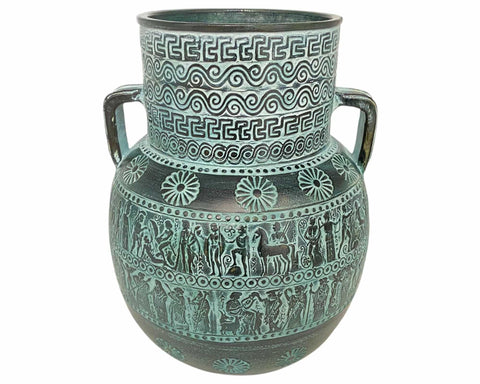 Relief terracotta Amphora Vase 28cm ,Ancient Greek Mythology Scenes,Green Patina - ifigeneiaceramics