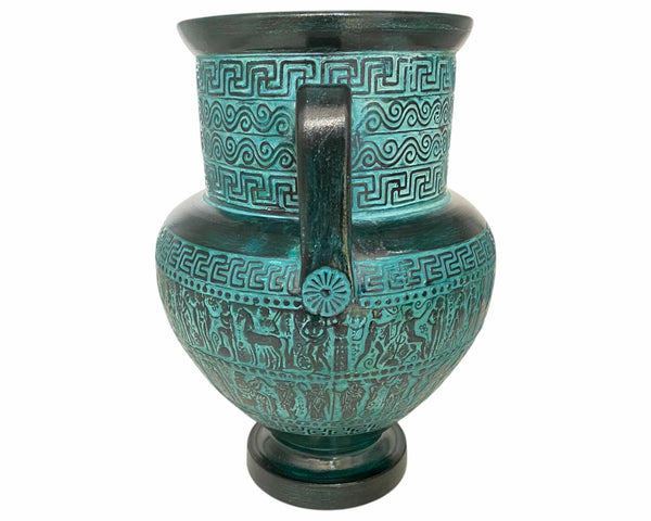 Relief terracotta Amphora Vase 29cm ,Ancient Greek Mythology Scenes,Green Patina