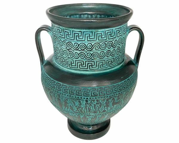 Relief terracotta Amphora Vase 29cm ,Ancient Greek Mythology Scenes,Green Patina
