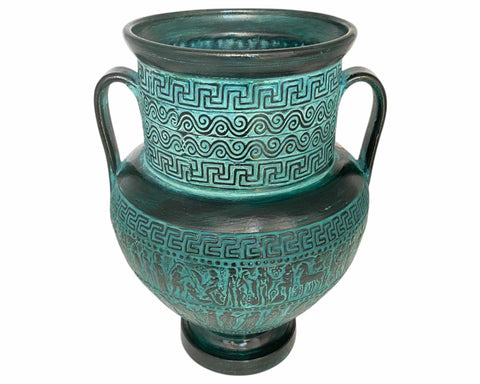 Relief terracotta Amphora Vase 29cm ,Ancient Greek Mythology Scenes,Green Patina