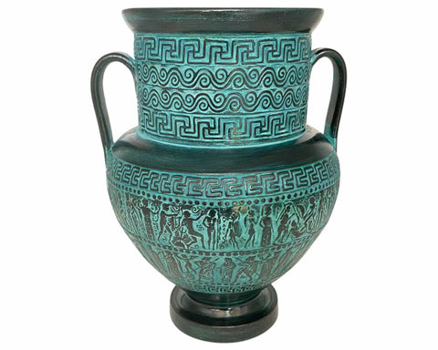 Relief terracotta Amphora Vase 29cm ,Ancient Greek Mythology Scenes,Green Patina - ifigeneiaceramics