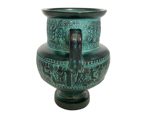 Terre cuite en relief, amphore de poterie grecque 18 cm, patine verte, scènes de la mythologie grecque antique
