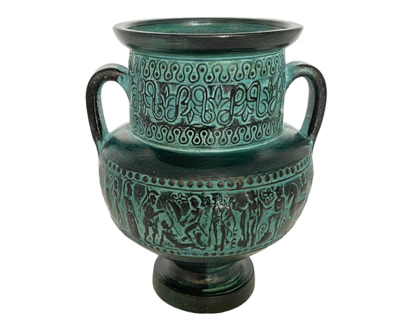 Terre cuite en relief, amphore de poterie grecque 18 cm, patine verte, scènes de la mythologie grecque antique