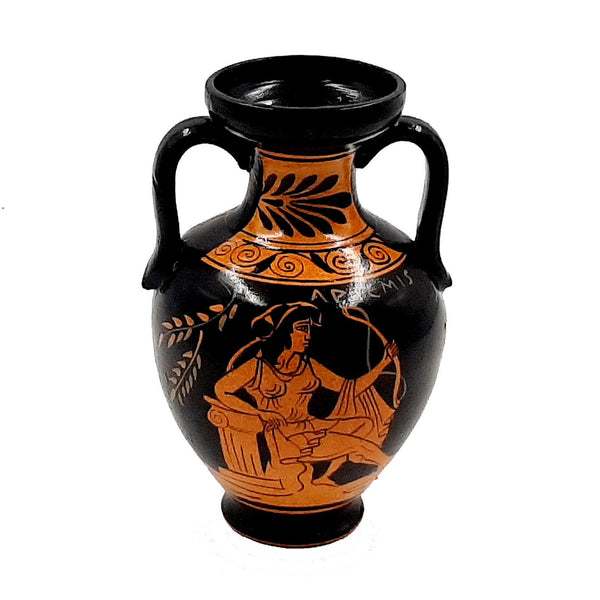 Set of 2 Red Figure Pottery Vases 13,5cm,Goddess Artemis and God Apollo