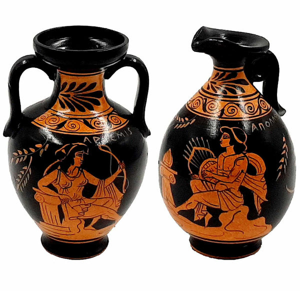 Set of 2 Red Figure Pottery Vases 13,5cm,Goddess Artemis and God Apollo
