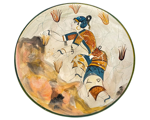 Copie de la fresque « Saffron Gatherers », plaque en céramique 24 cm No1, d'Akrotiri, Thera