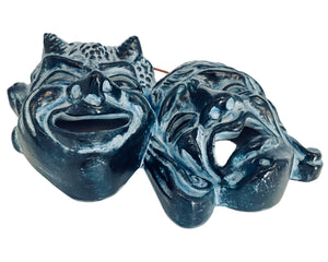 Greek Theater Masks ,Tragedy and Comedy,Relief terracotta, Blue patina wall Decor 18x14cm
