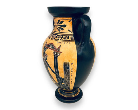 Theseus and the Minotaur,Goddess athena with Enceladus,Greek amphora 22cm, Black  figure pottery