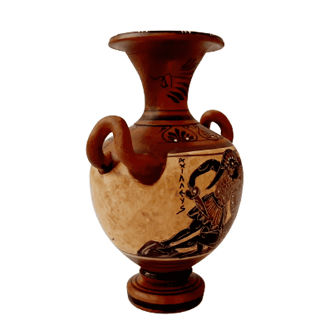 Ancient Greek Amphora 16cm, with Brown shades, shows Achilles kill Hector - ifigeneiaceramics