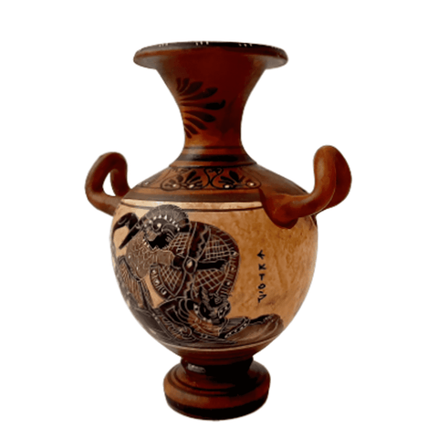 Ancient Greek Amphora 16cm, with Brown shades, shows Achilles kill Hector - ifigeneiaceramics