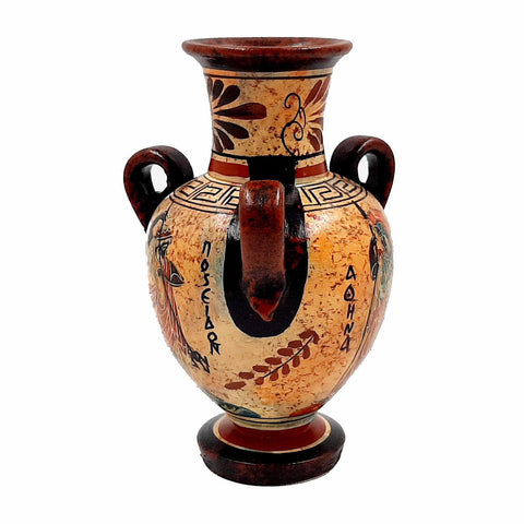 Ancient Greek  Amphora  17cm,Mulitcolored, Shows God Poseidon and Goddess Athena - ifigeneiaceramics