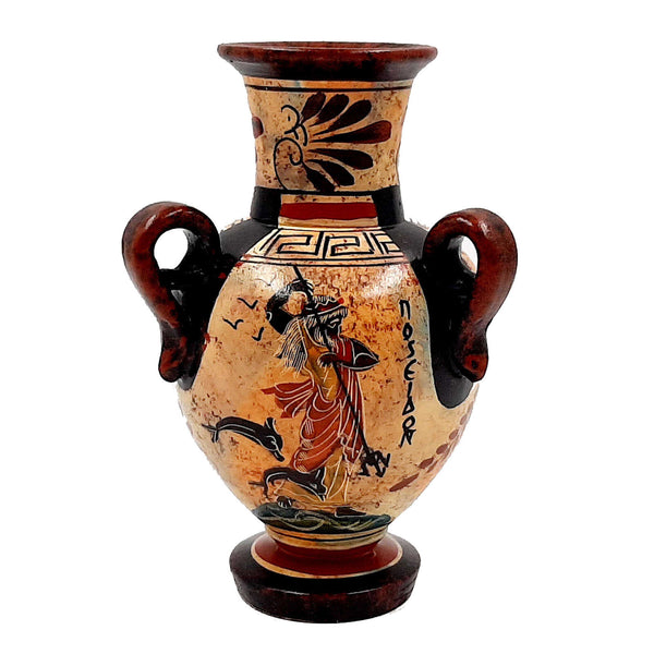 Ancient Greek  Amphora  17cm,Mulitcolored, Shows God Poseidon and Goddess Athena - ifigeneiaceramics