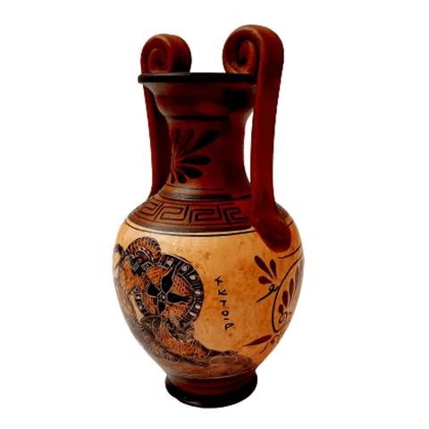 Ancient Greek Vase ,Amphora 19cm, with Brown shades, shows Achilles kill Hector - ifigeneiaceramics
