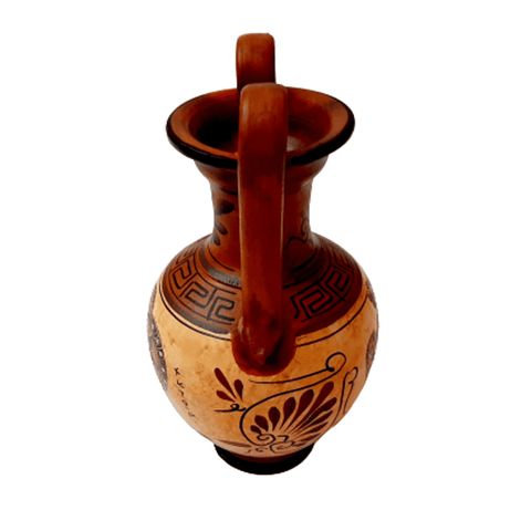Ancient Greek Vase ,Amphora 19cm, with Brown shades, shows Achilles kill Hector - ifigeneiaceramics