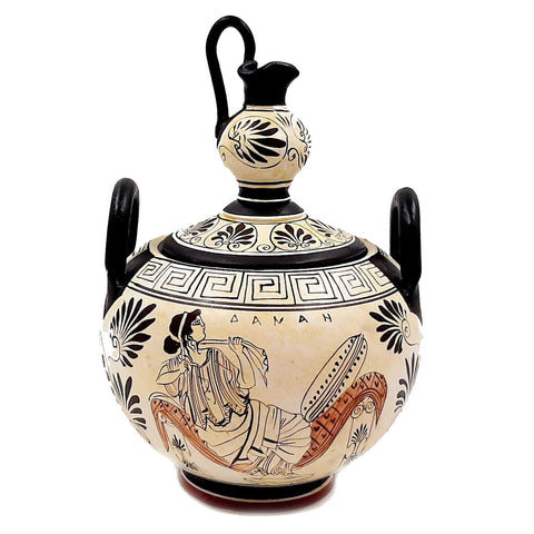 Boîte grecque antique 20 cm avec couvercle, poterie au sol blanc grenier
