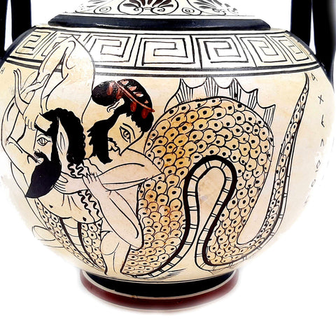 Boîte grecque antique 20 cm avec couvercle, poterie au sol blanc grenier