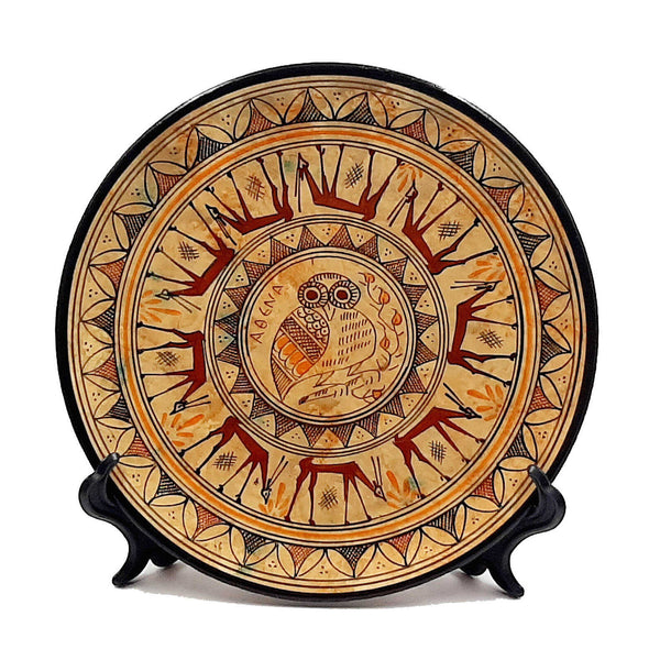 Assiette grecque antique 24 cm, poterie grecque géométrique, hibou au milieu