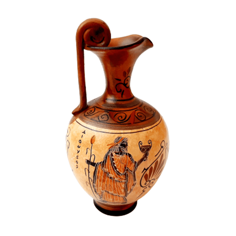 Ancient Greek Oinochoe 19cm,with Brown shades,Showing God Apollo with Erato - ifigeneiaceramics