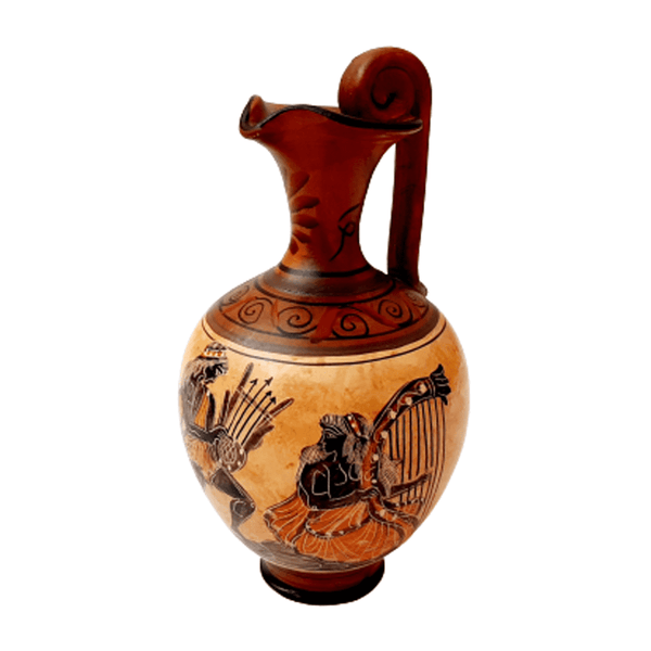 Ancient Greek Oinochoe 19cm,with Brown shades,Showing God Apollo with Erato - ifigeneiaceramics