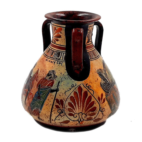 Ancient Greek Pottery vase 15cm , with 3 handles,God Dionysus with God Hermes - ifigeneiaceramics