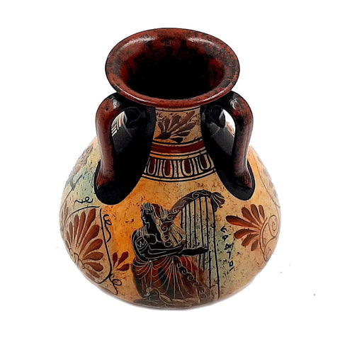 Ancient Greek Pottery vase 15cm , with 3 handles,God Dionysus with God Hermes - ifigeneiaceramics