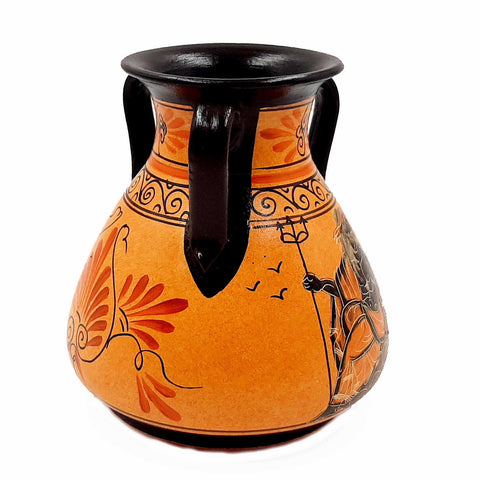 Ancient Greek vase , with 3 handles and Orange Background,shows God Poseidon and Goddess Athena - ifigeneiaceramics