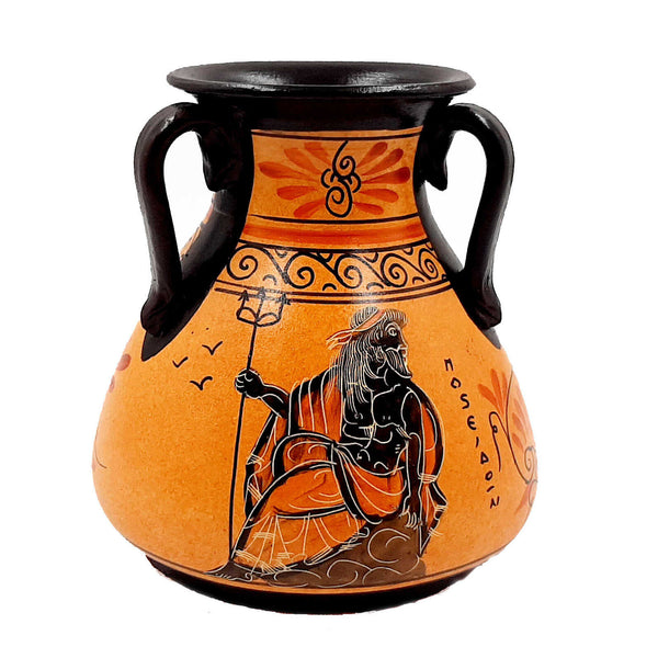Ancient Greek vase , with 3 handles and Orange Background,shows God Poseidon and Goddess Athena - ifigeneiaceramics